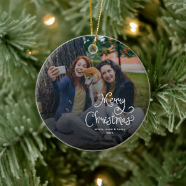 Merry Christmas Whimsical Script Family Photo Dog Keramisch Ornament