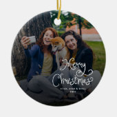 Merry Christmas Whimsical Script Family Photo Dog Keramisch Ornament (Voorkant)