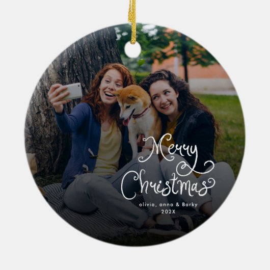 Merry Christmas Whimsical Script Family Photo Dog Keramisch Ornament (Achterkant)