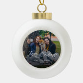 Merry Christmas Whimsical Script Family Photo Dog Keramische Bal Ornament (Voorkant)