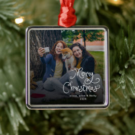 Merry Christmas Whimsical Script Family Photo Dog Metalen Ornament