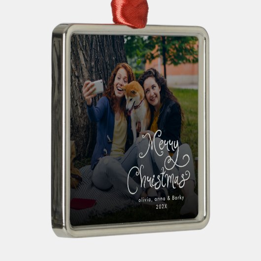 Merry Christmas Whimsical Script Family Photo Dog Metalen Ornament (Rechts)