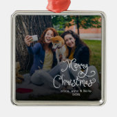 Merry Christmas Whimsical Script Family Photo Dog Metalen Ornament (Voorkant)