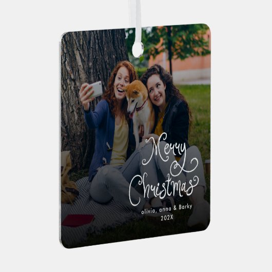 Merry Christmas Whimsical Script Family Photo Dog Metalen Ornament (Voorkant Rechts)