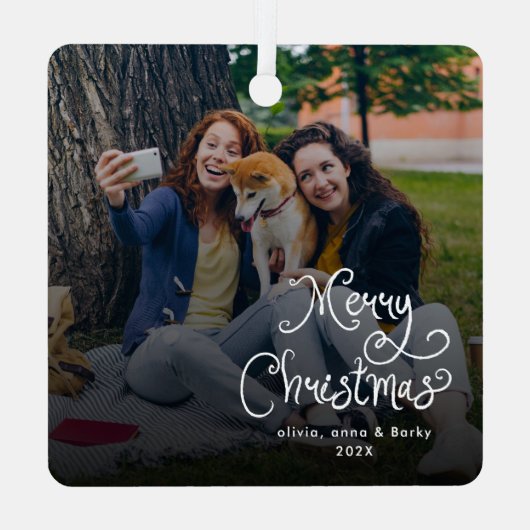 Merry Christmas Whimsical Script Family Photo Dog Metalen Ornament (Achterkant)