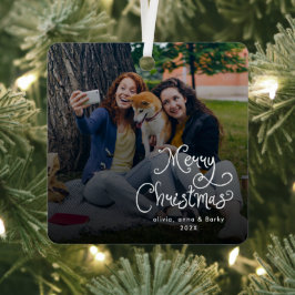 Merry Christmas Whimsical Script Family Photo Dog Metalen Ornament