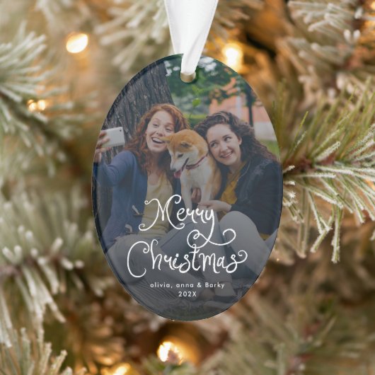 Merry Christmas Whimsical Script Family Photo Dog Ornament (Boom)