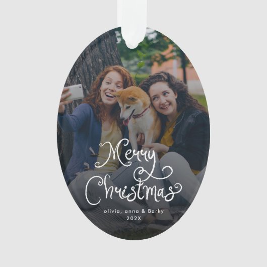 Merry Christmas Whimsical Script Family Photo Dog Ornament (voorkant)