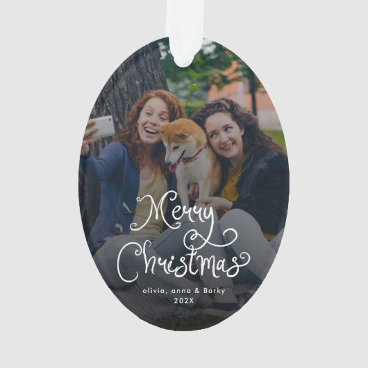 Merry Christmas Whimsical Script Family Photo Dog Ornament (achterkant)
