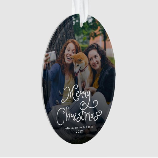 Merry Christmas Whimsical Script Family Photo Dog Ornament (voorkant)