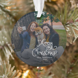 Merry Christmas Whimsical Script Family Photo Dog Ornament