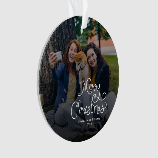 Merry Christmas Whimsical Script Family Photo Dog Ornament (voorkant)