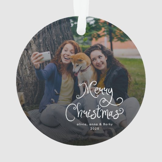 Merry Christmas Whimsical Script Family Photo Dog Ornament (achterkant)