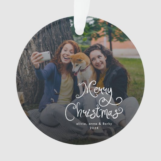 Merry Christmas Whimsical Script Family Photo Dog Ornament (voorkant)
