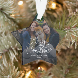 Merry Christmas Whimsical Script Family Photo Dog Ornament