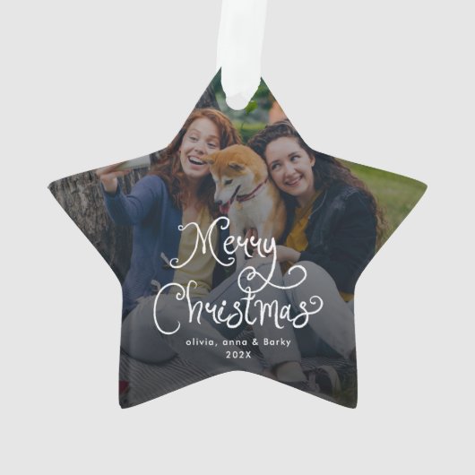 Merry Christmas Whimsical Script Family Photo Dog Ornament (achterkant)