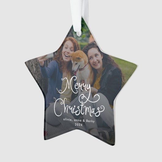 Merry Christmas Whimsical Script Family Photo Dog Ornament (voorkant)