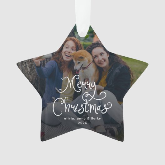 Merry Christmas Whimsical Script Family Photo Dog Ornament (voorkant)