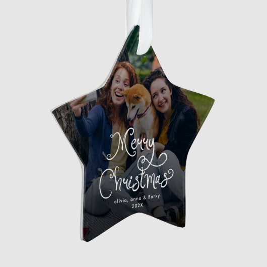 Merry Christmas Whimsical Script Family Photo Dog Ornament (voorkant)