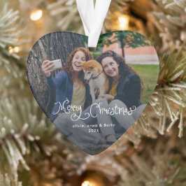 Merry Christmas Whimsical Script Family Photo Dog Ornament
