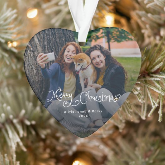 Merry Christmas Whimsical Script Family Photo Dog Ornament (Boom)