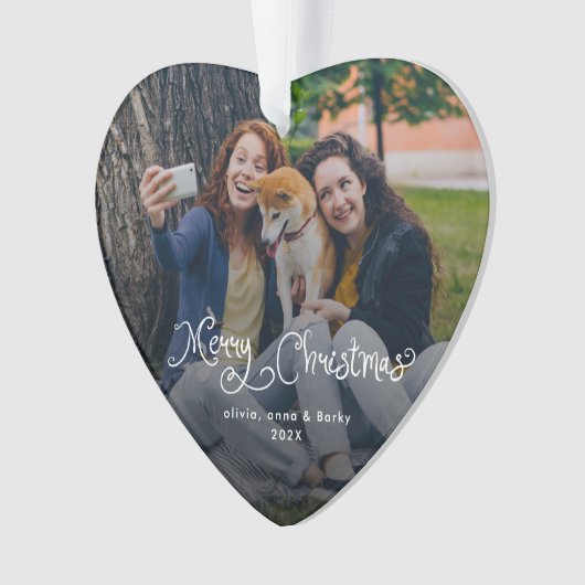 Merry Christmas Whimsical Script Family Photo Dog Ornament (voorkant)