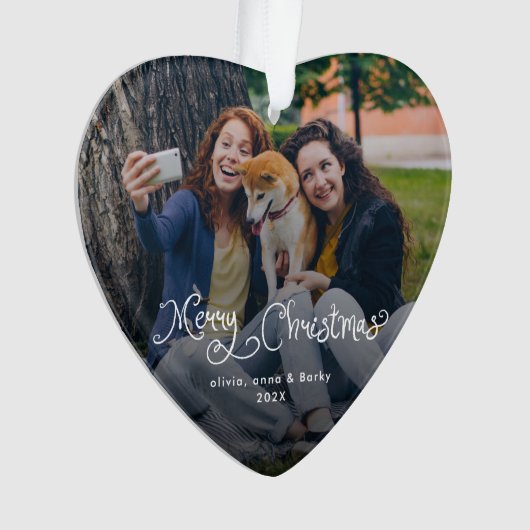 Merry Christmas Whimsical Script Family Photo Dog Ornament (voorkant)