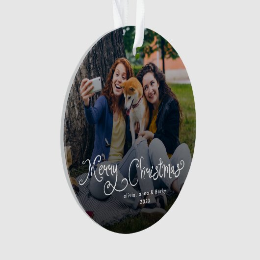 Merry Christmas Whimsical Script Family Photo Dog Ornament (voorkant)