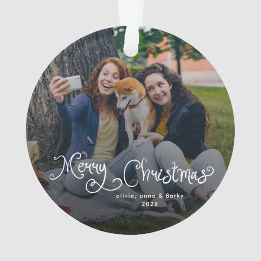 Merry Christmas Whimsical Script Family Photo Dog Ornament (achterkant)