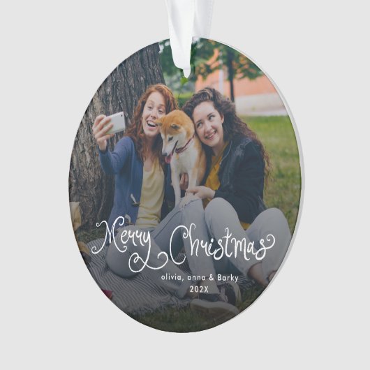 Merry Christmas Whimsical Script Family Photo Dog Ornament (voorkant)
