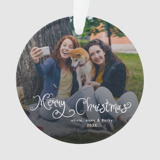 Merry Christmas Whimsical Script Family Photo Dog Ornament (voorkant)