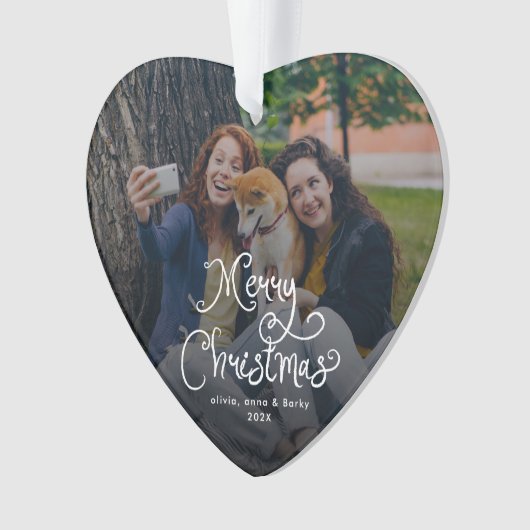 Merry Christmas Whimsical Script Family Photo Dog Ornament (voorkant)