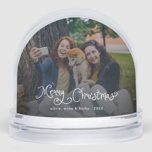Merry Christmas Whimsical Script Family Photo Dog Sneeuwbol (Voorkant)