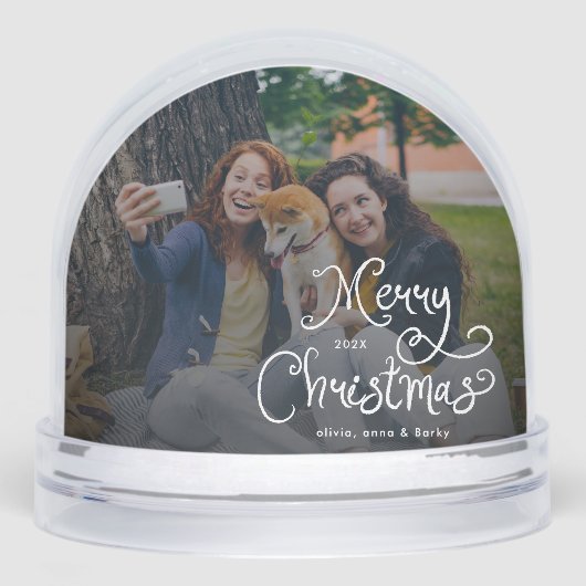 Merry Christmas Whimsical Script Family Photo Dog Sneeuwbol (Voorkant)