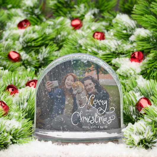 Merry Christmas Whimsical Script Family Photo Dog Sneeuwbol (Kerstmis)