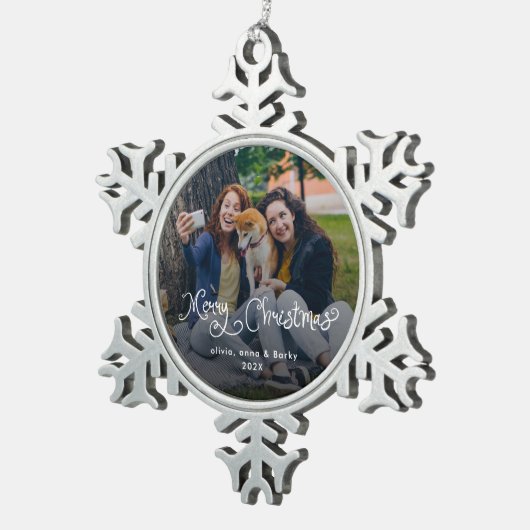Merry Christmas Whimsical Script Family Photo Dog Tin Sneeuwvlok Ornament (Rechts)