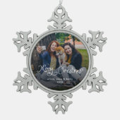 Merry Christmas Whimsical Script Family Photo Dog Tin Sneeuwvlok Ornament (Voorkant)