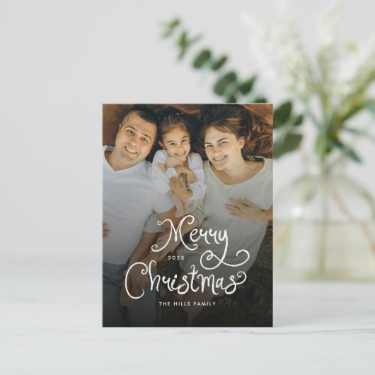 Merry Christmas Whimsical Script  Family  Photo Feestdagenkaart (Staand voorkant)