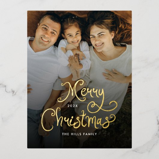 Merry Christmas Whimsical Script  Family  Photo Folie Feestdagen Briefkaart (Voorkant)
