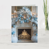 Merry Christmas White Fireplace Blue Ornaments Feestdagen Kaart (Voorkant)