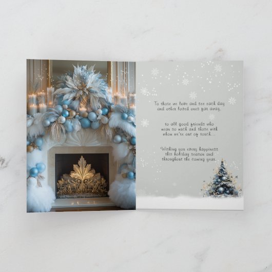 Merry Christmas White Fireplace Blue Ornaments Feestdagen Kaart (Binnen)