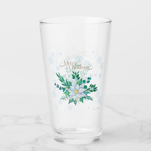 Merry Christmas White Poinsettia Snowflakes Glas (Achterkant)