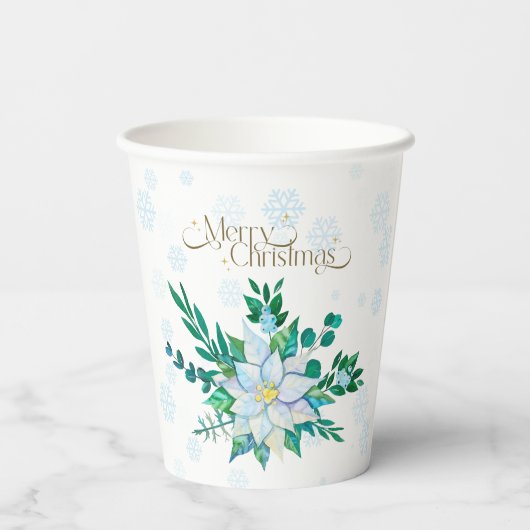 Merry Christmas White Poinsettia Snowflakes Papieren Bekers (Achterkant)
