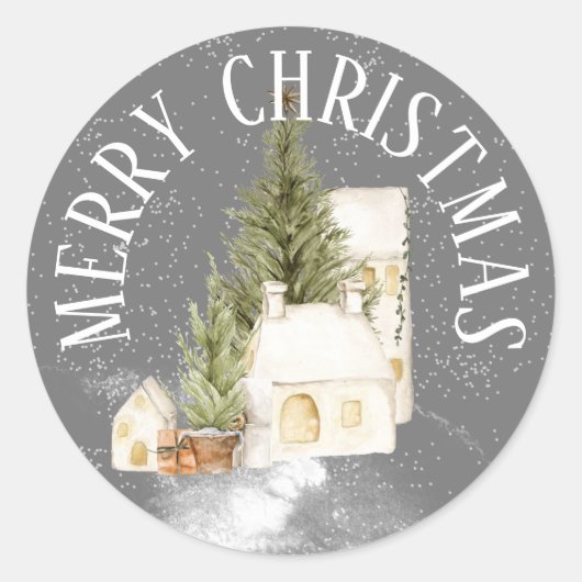 MERRY CHRISTMAS Winter House met Evergreen Ronde Sticker (Voorkant)