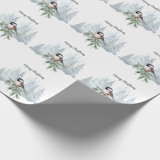 Merry Christmas Winter Spruce Tree Chickadee Cadeaupapier (Hoek)