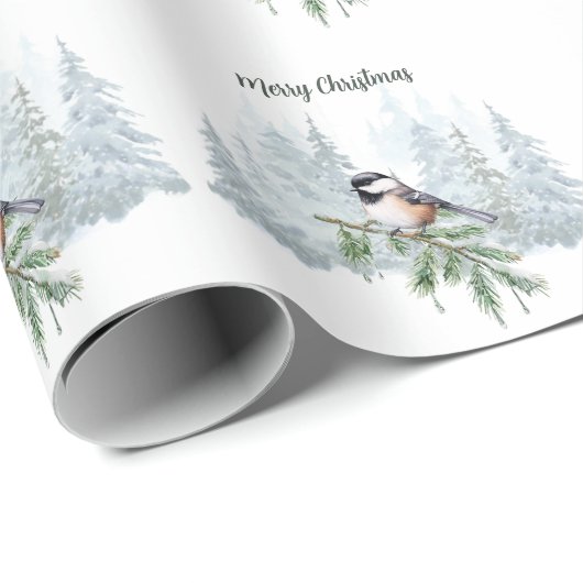 Merry Christmas Winter Spruce Tree Chickadee Cadeaupapier (Rol Hoek)