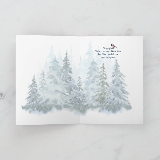 Merry Christmas Winter Spruce Tree Chickadee Feestdagen Kaart (Binnen)