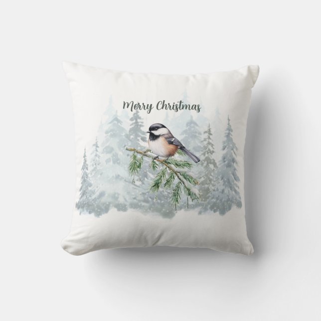 Merry Christmas Winter Spruce Tree Chickadee Kussen (Voorkant)