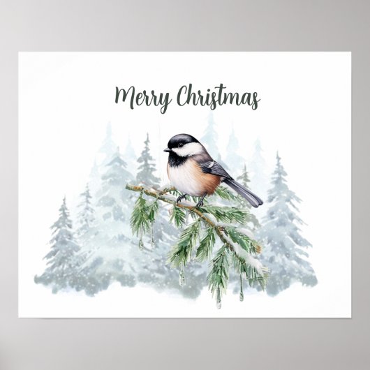 Merry Christmas Winter Spruce Tree Chickadee  Poster (Voorkant)