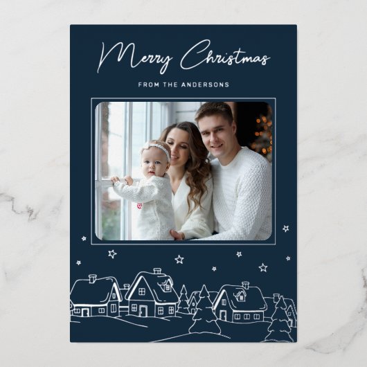 Merry Christmas Winter Village Hand Drawn Folie Feestdagenkaart (Voorkant)